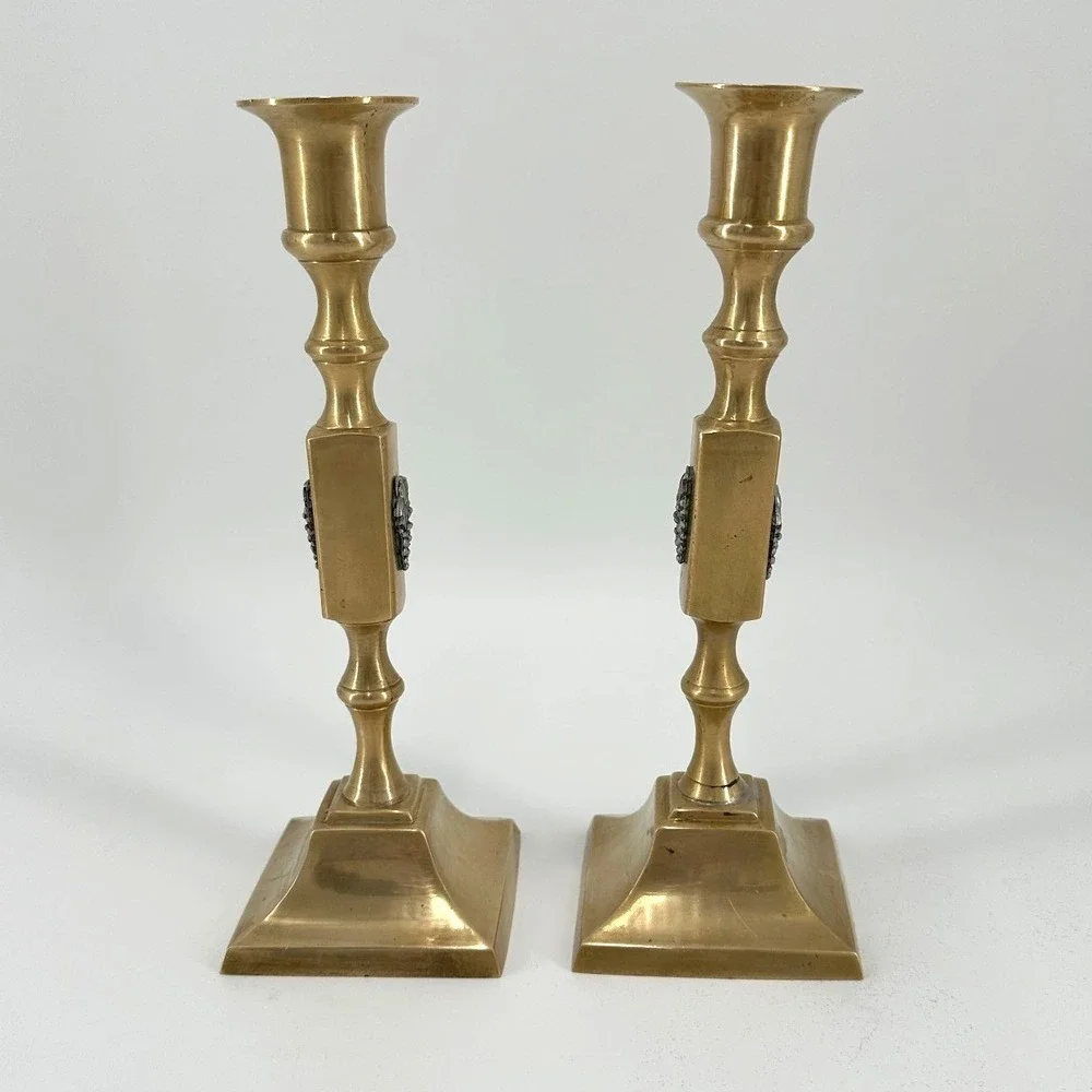 Antique Brass Taper Candle Holders‎ Pair Embossed Silver Grapes Farmhouse Decor